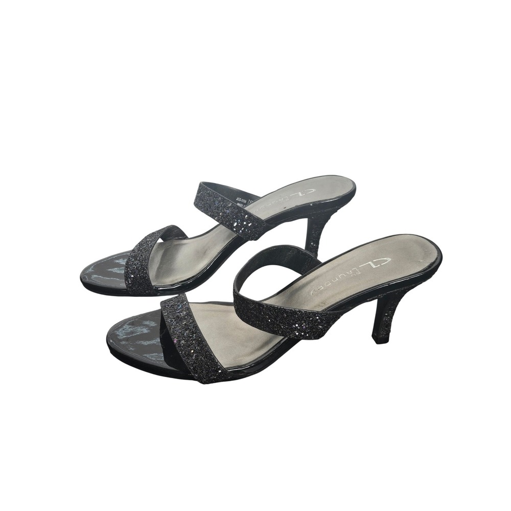 CL Laundry Glitter Heeled Sandals‎ Womens 7.5 Black Sparkly Double Strap Mules